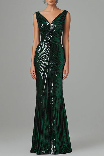 Zapaka Women Sparkly Dark Green Long Formal Dress Mermaid V-Neck Sequins Ruched Evening Dress